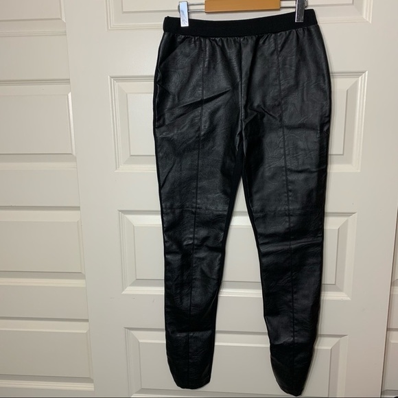 𝅺Simons Faux Leather Pants Sz Xl Black Hi Rise Stretch Fabric Panels Minimalist - Picture 3 of 9
